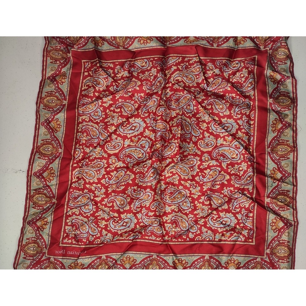 Vintage Christian Dior Silk Pocket Square Scarf Paisley Red Gold Blue Italy - Picture 3 of 4